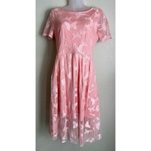 Grefit Womens Size S Pink Butterfly‎ Lace Mesh Overlay Midi Dress Short Sleeve